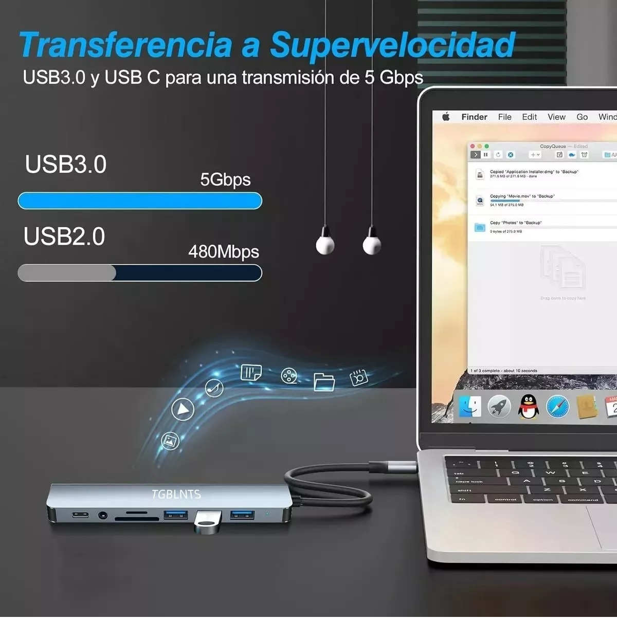 8 En 1 Adaptador Usb Hub Tipo C, Multipuerto, Usb 3.0, Sd
