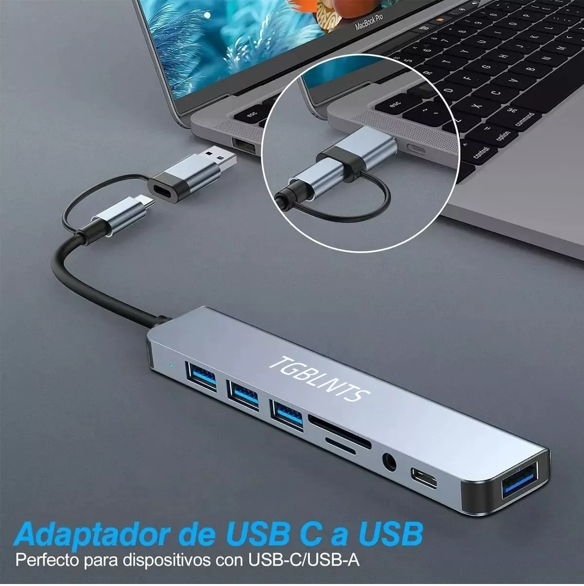8 En 1 Adaptador Usb Hub Tipo C, Multipuerto, Usb 3.0, Sd