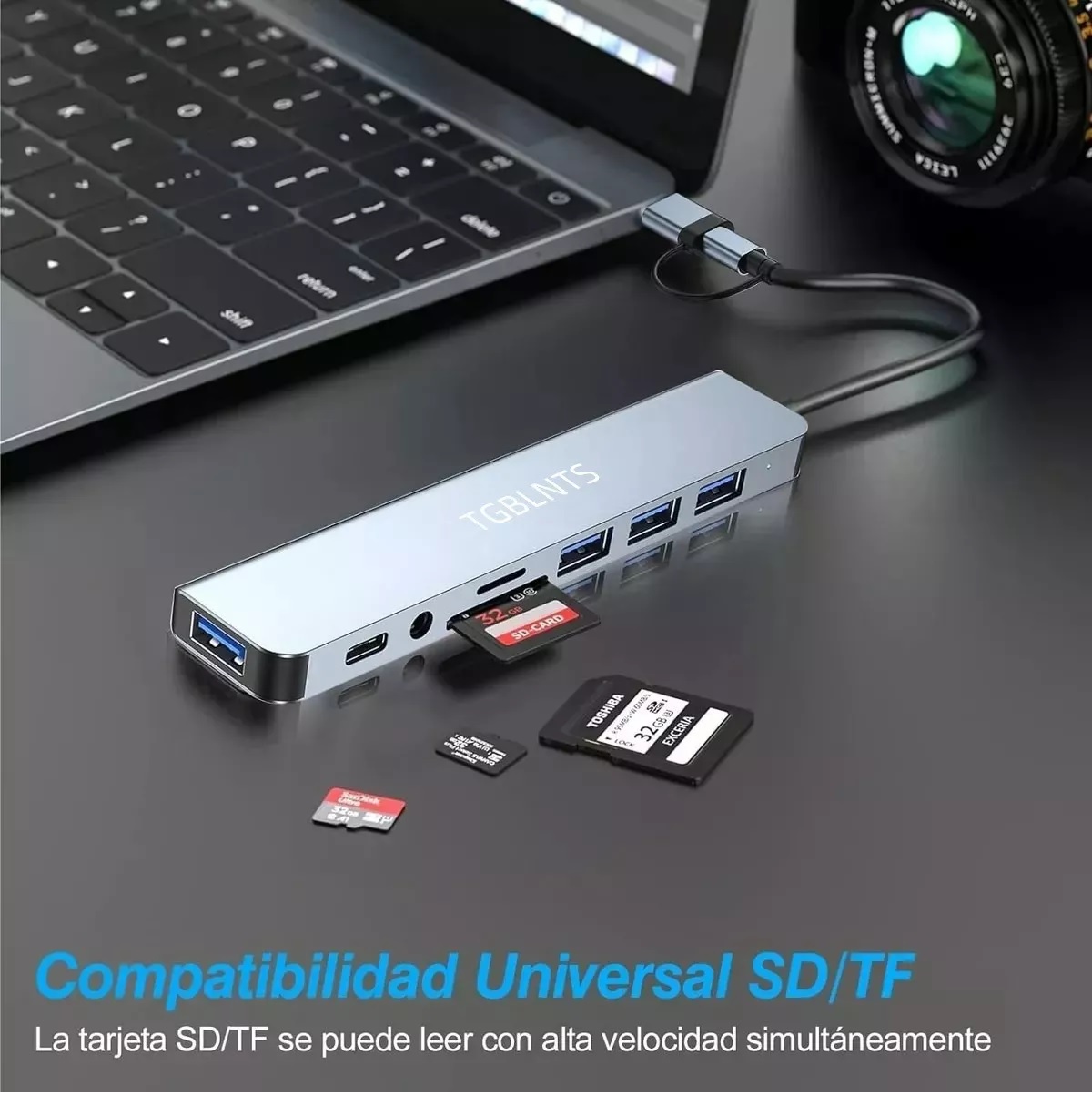 8 En 1 Adaptador Usb Hub Tipo C, Multipuerto, Usb 3.0, Sd