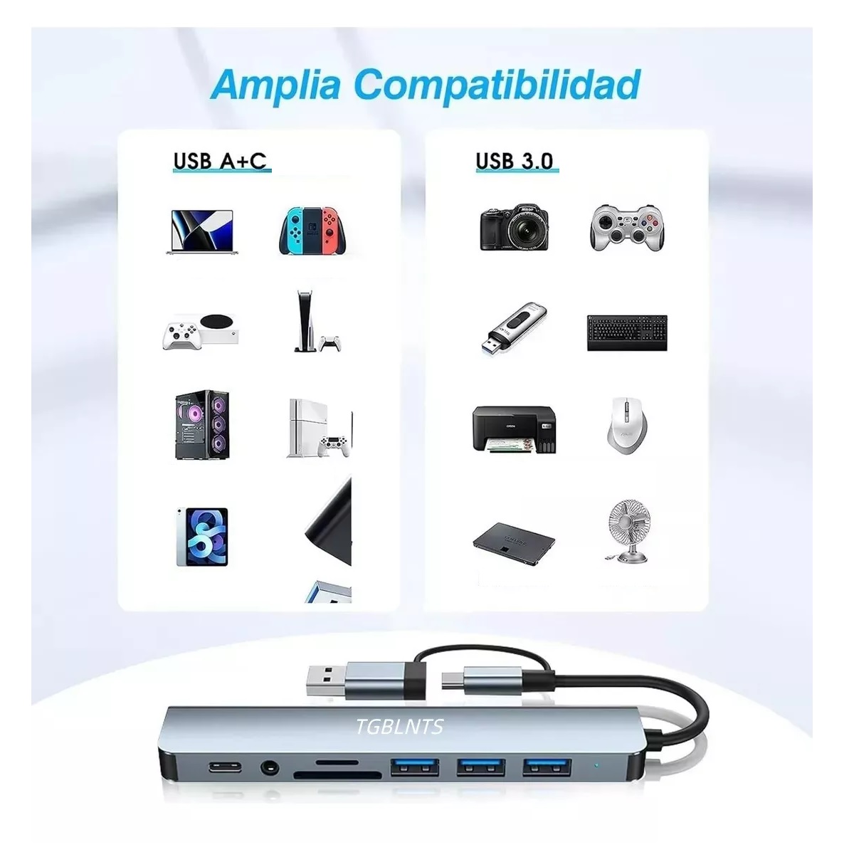 8 En 1 Adaptador Usb Hub Tipo C, Multipuerto, Usb 3.0, Sd