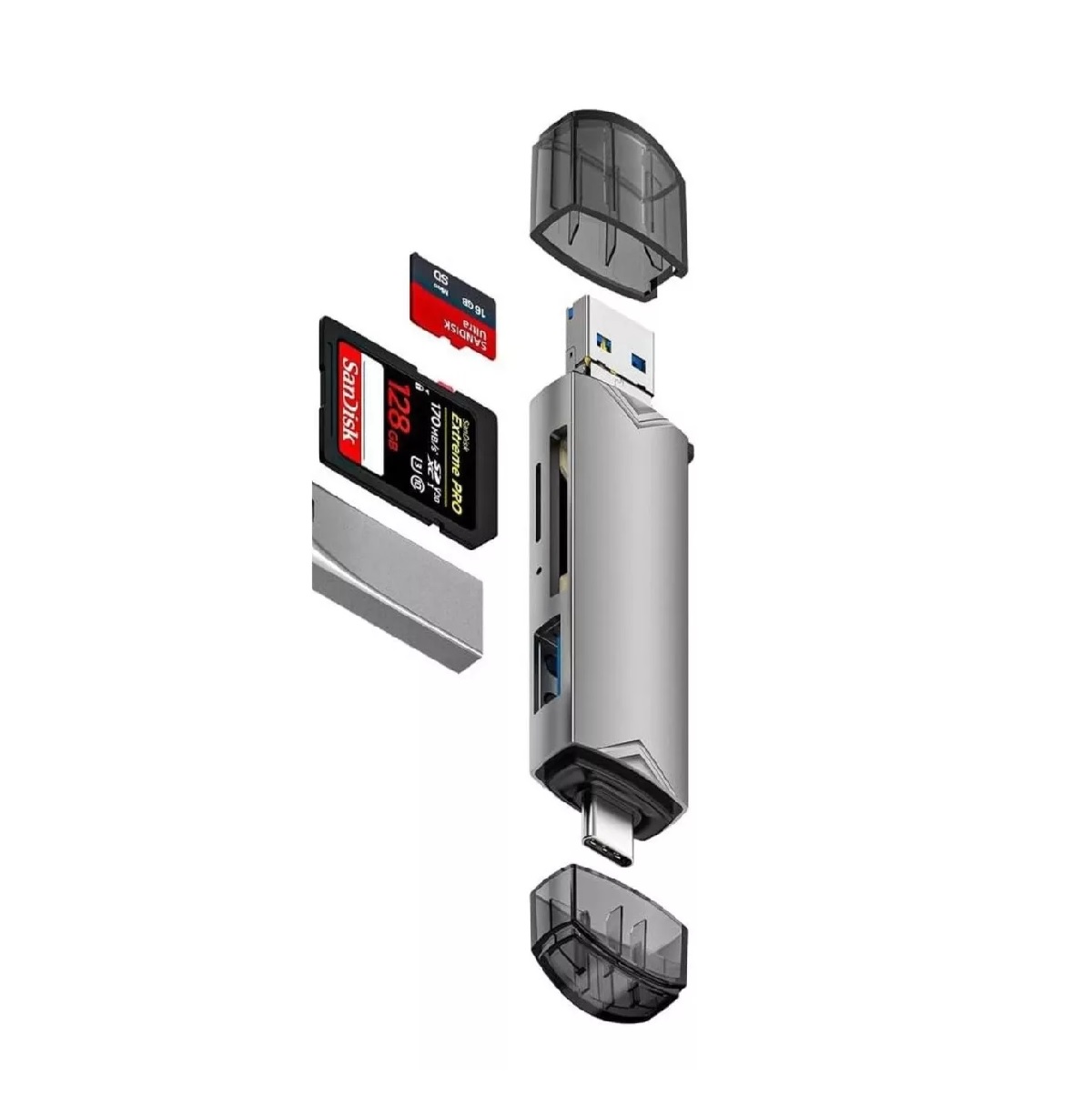 Adaptador lector de tarjetas de memoria USB-C USB SD Tf de color gris claro