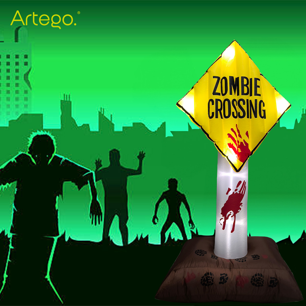Inflable de Halloween Letrero vial zombi zombie con luces que parpadean para exteriores 1.85m