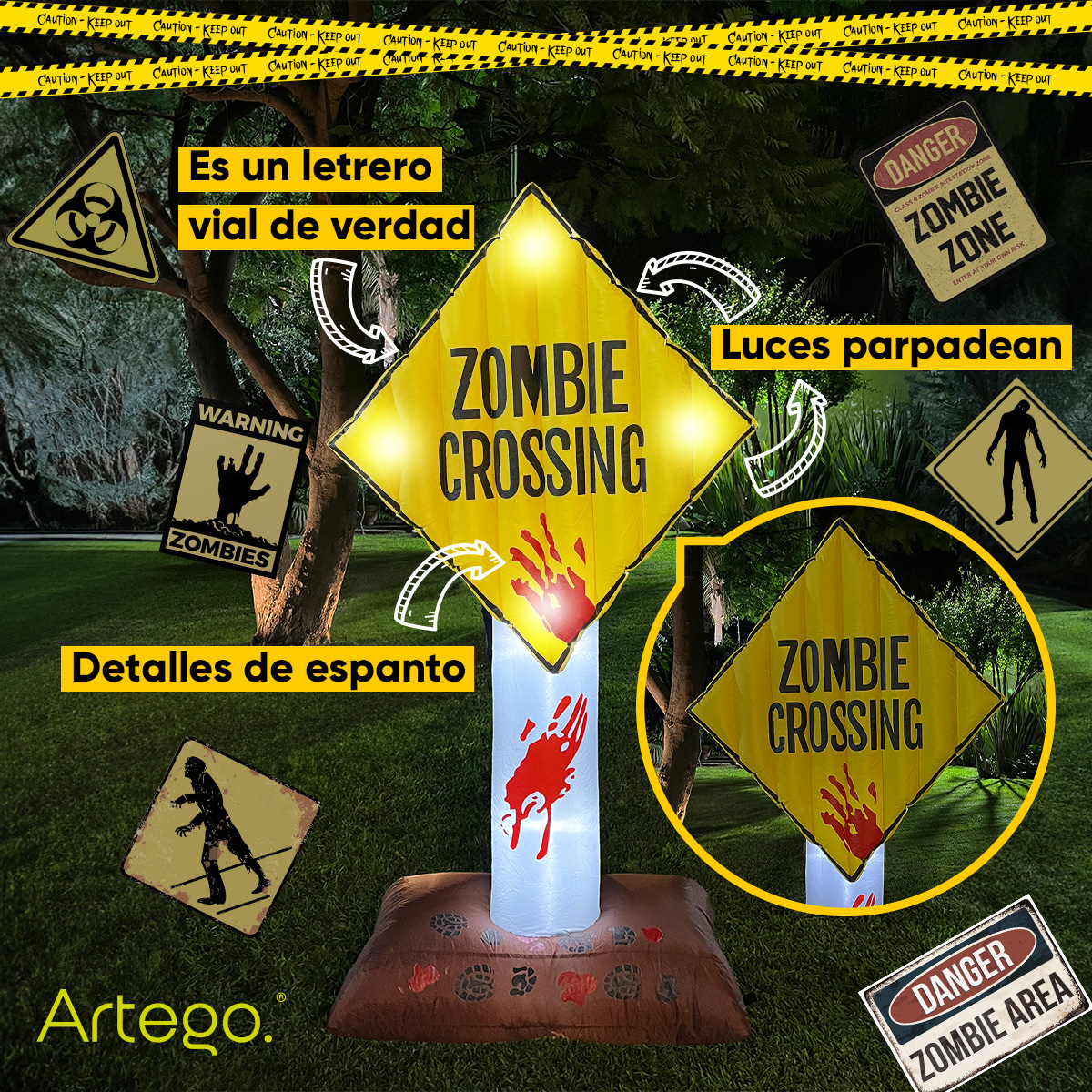 Inflable de Halloween Letrero vial zombi zombie con luces que parpadean para exteriores 1.85m