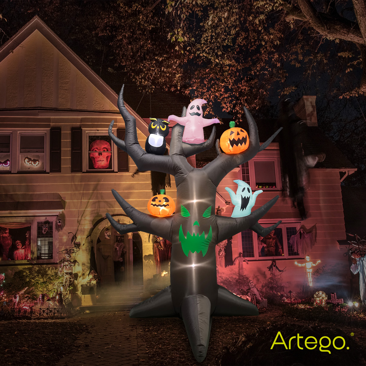 Inflable de Halloween Árbol tenebroso con calabazas y fantasmas multiled para exteriores 2.8m