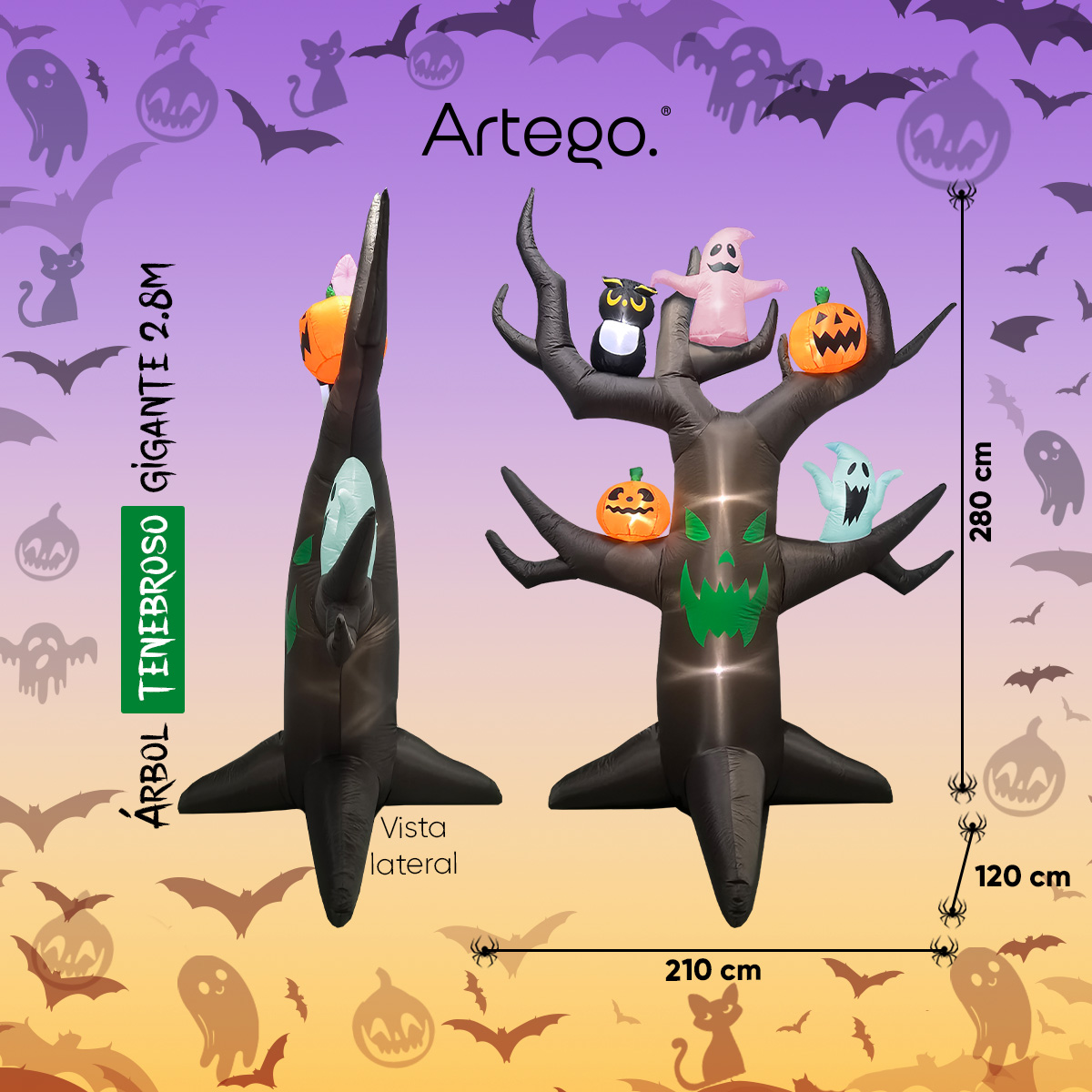 Inflable de Halloween Árbol tenebroso con calabazas y fantasmas multiled para exteriores 2.8m