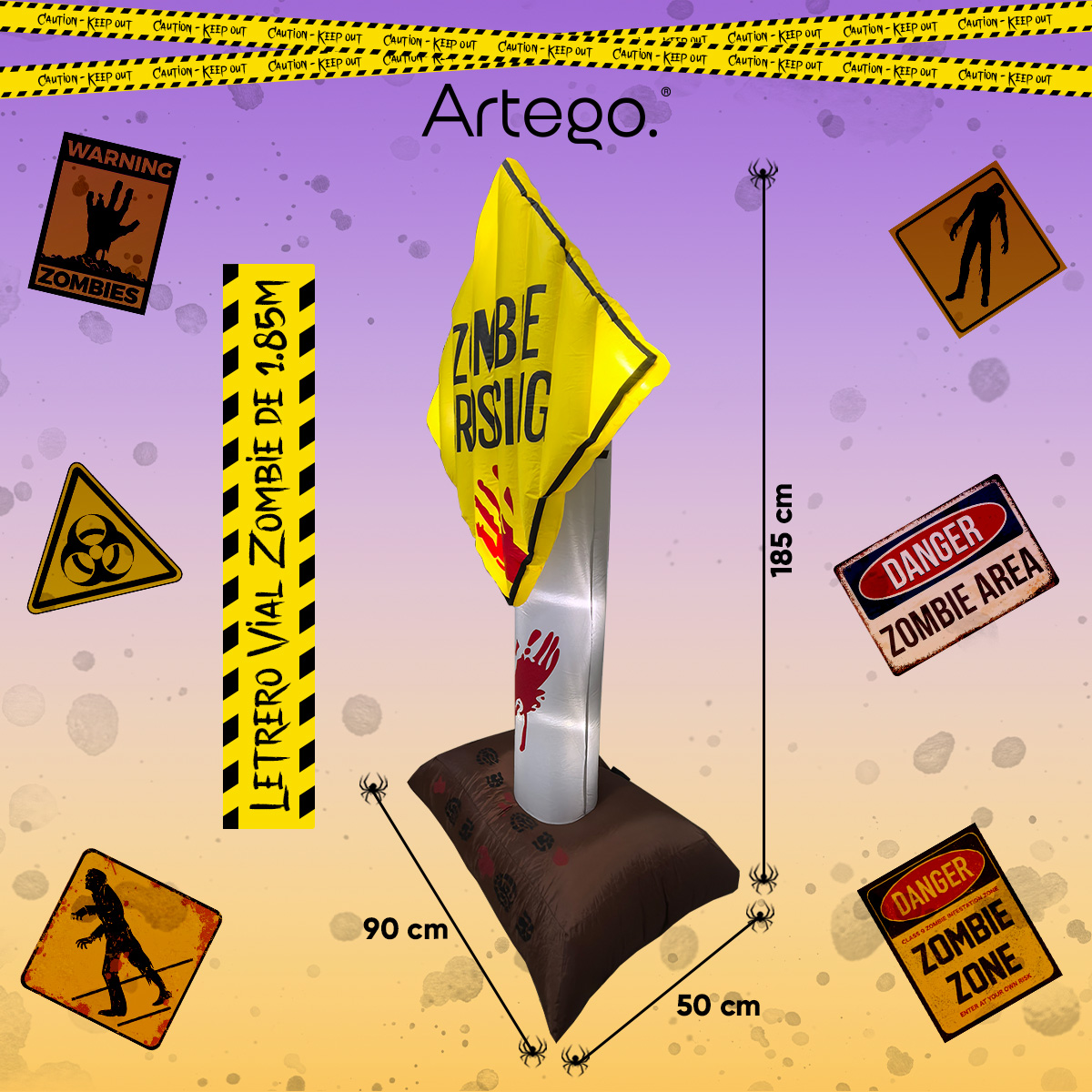 Inflable de Halloween Letrero vial zombi zombie con luces que parpadean para exteriores 1.85m