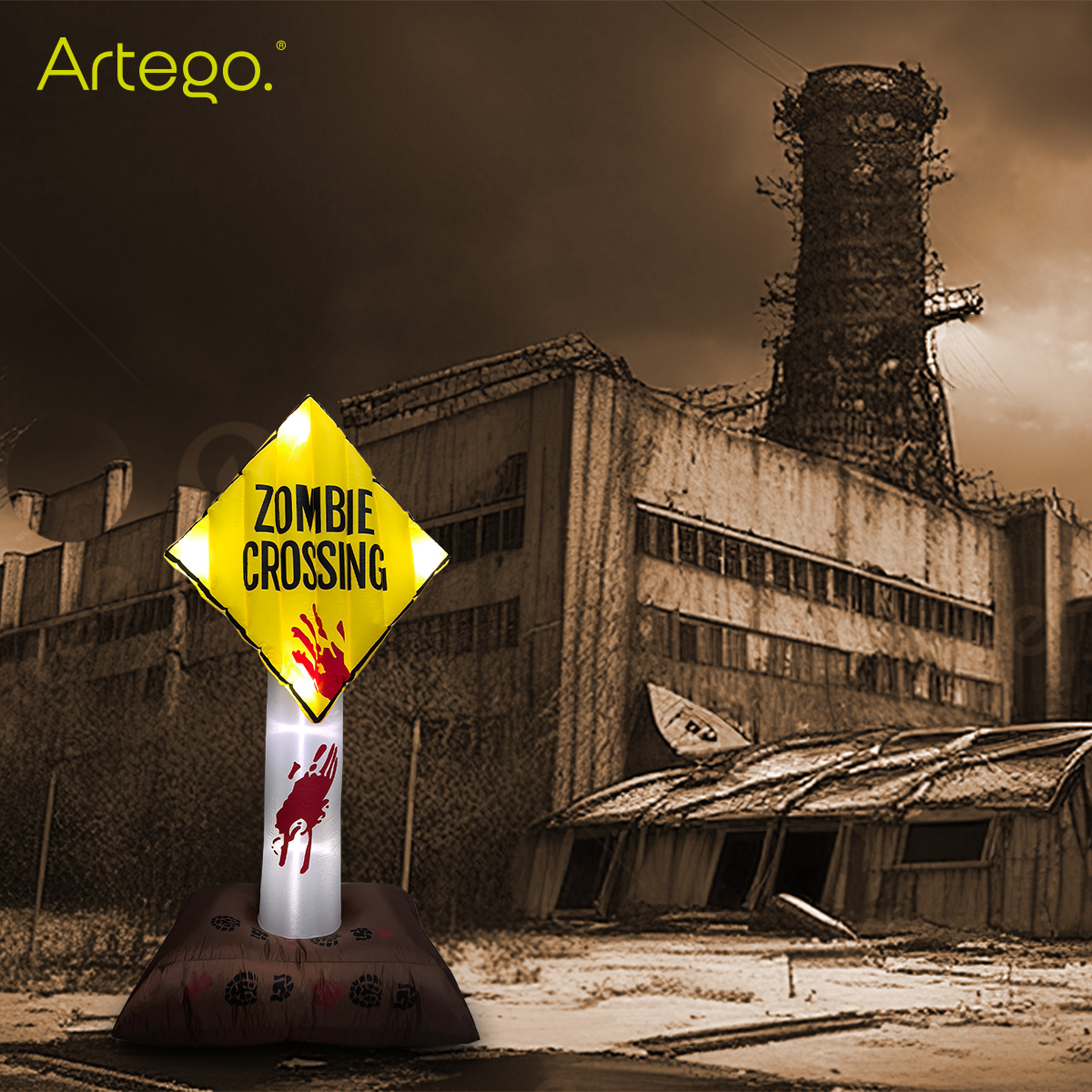 Inflable de Halloween Letrero vial zombi zombie con luces que parpadean para exteriores 1.85m