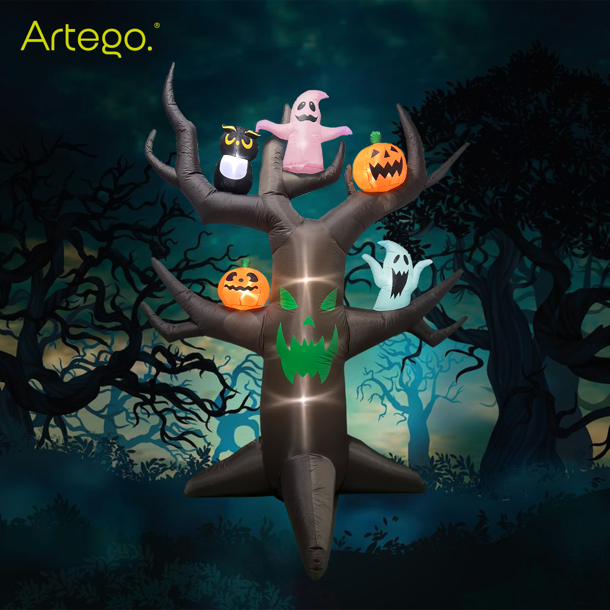 Inflable de Halloween Árbol tenebroso con calabazas y fantasmas multiled para exteriores 2.8m