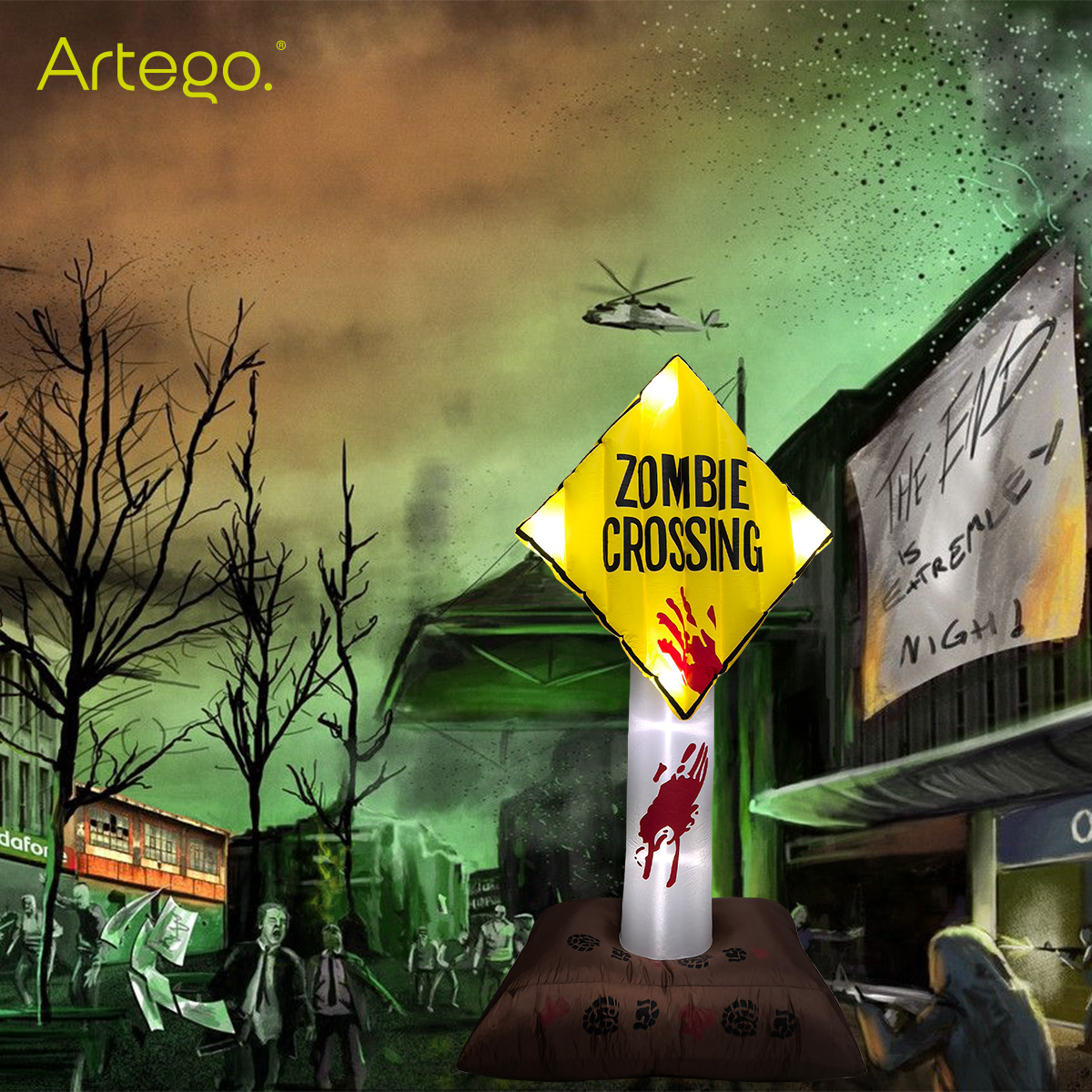 Inflable de Halloween Letrero vial zombi zombie con luces que parpadean para exteriores 1.85m