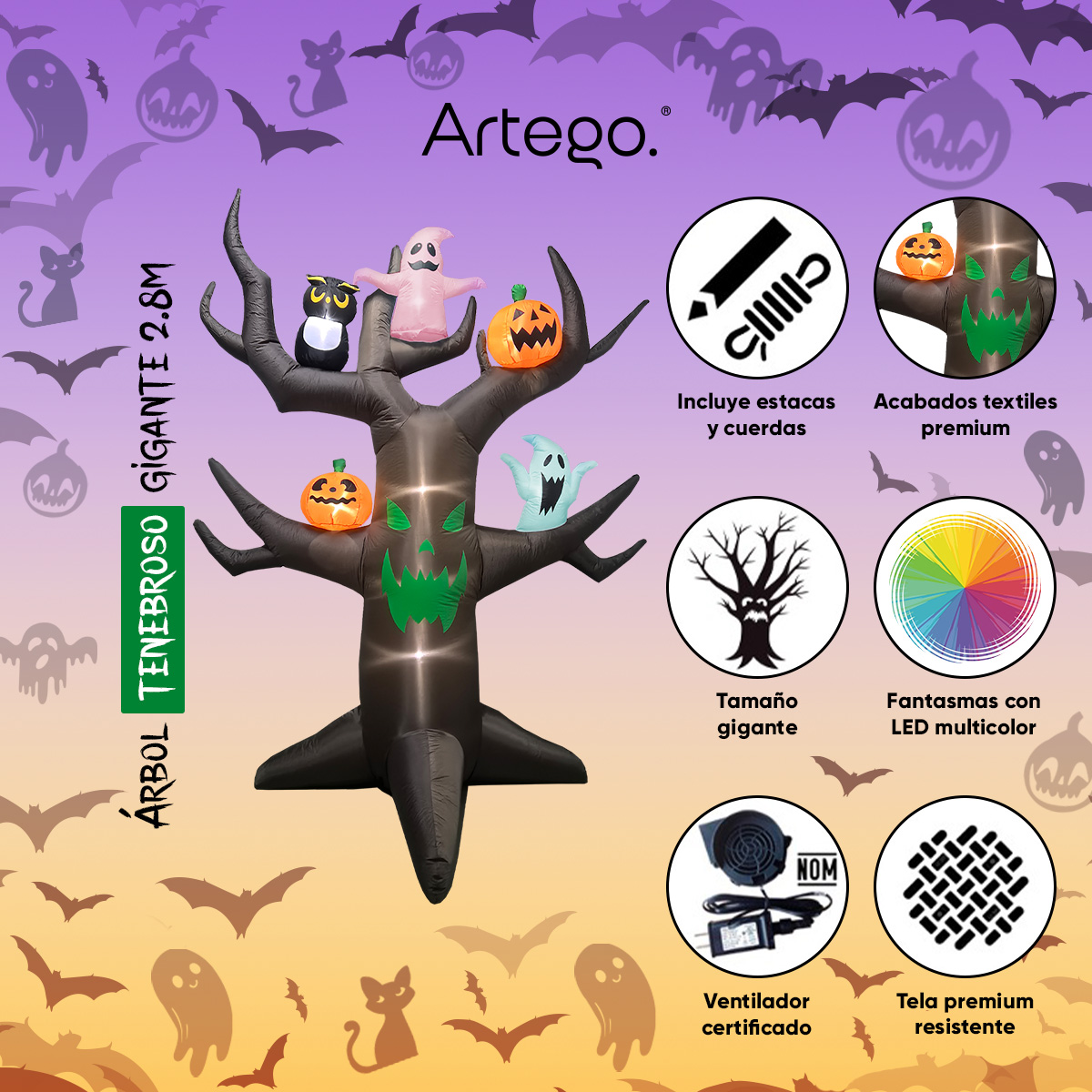 Inflable de Halloween Árbol tenebroso con calabazas y fantasmas multiled para exteriores 2.8m