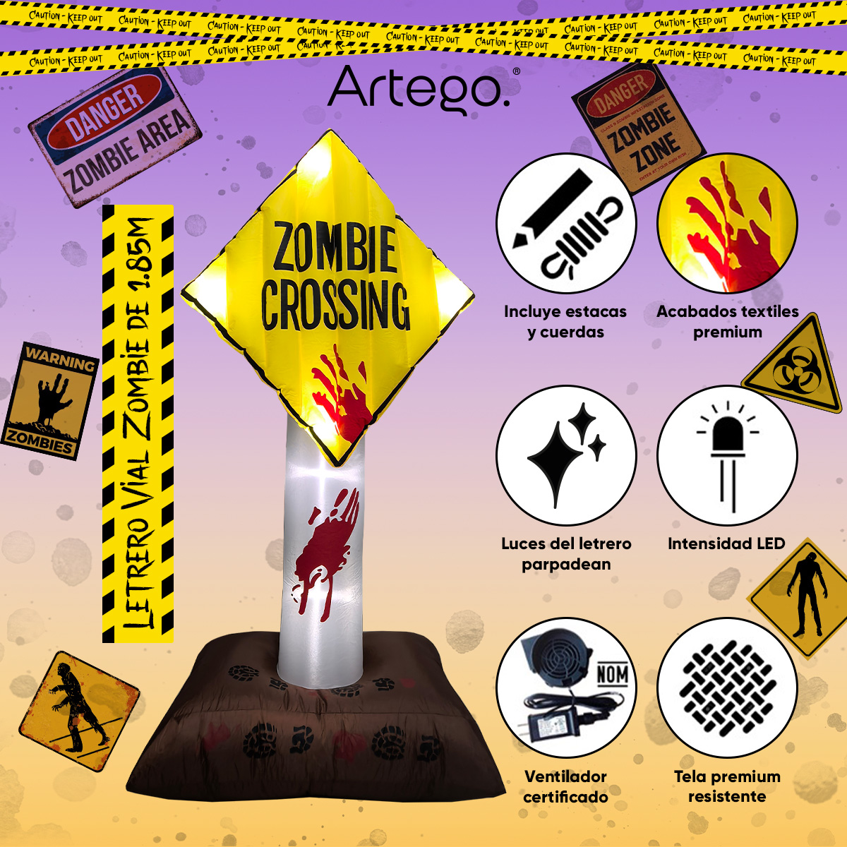 Inflable de Halloween Letrero vial zombi zombie con luces que parpadean para exteriores 1.85m