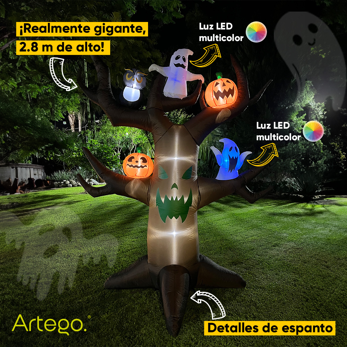 Inflable de Halloween Árbol tenebroso con calabazas y fantasmas multiled para exteriores 2.8m