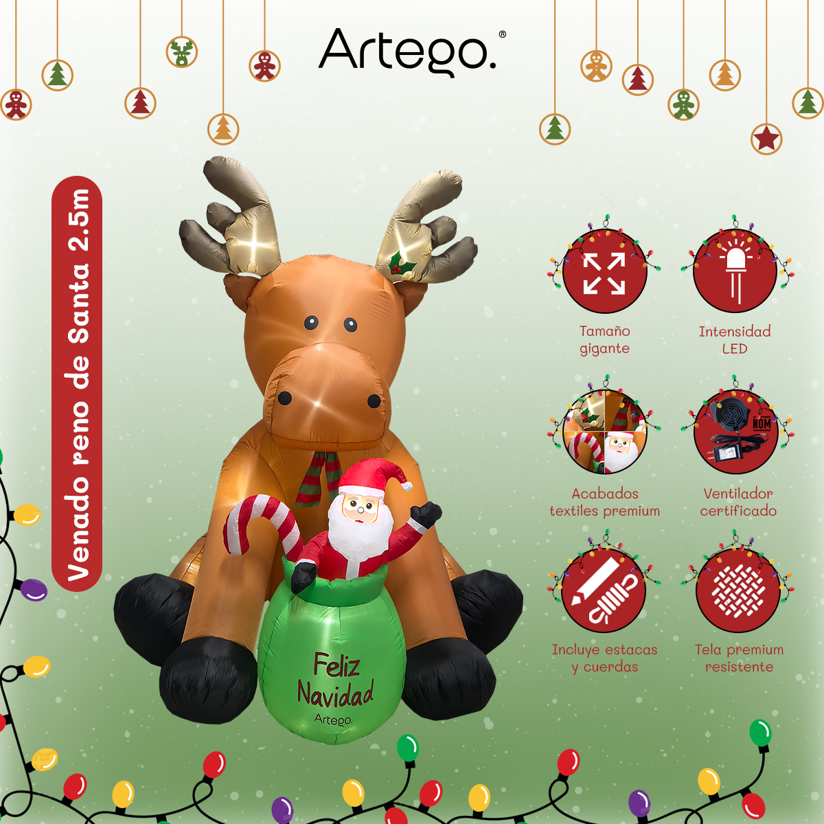 Inflable de Navidad venado reno de santa gigante de 2.5m de alto Artego