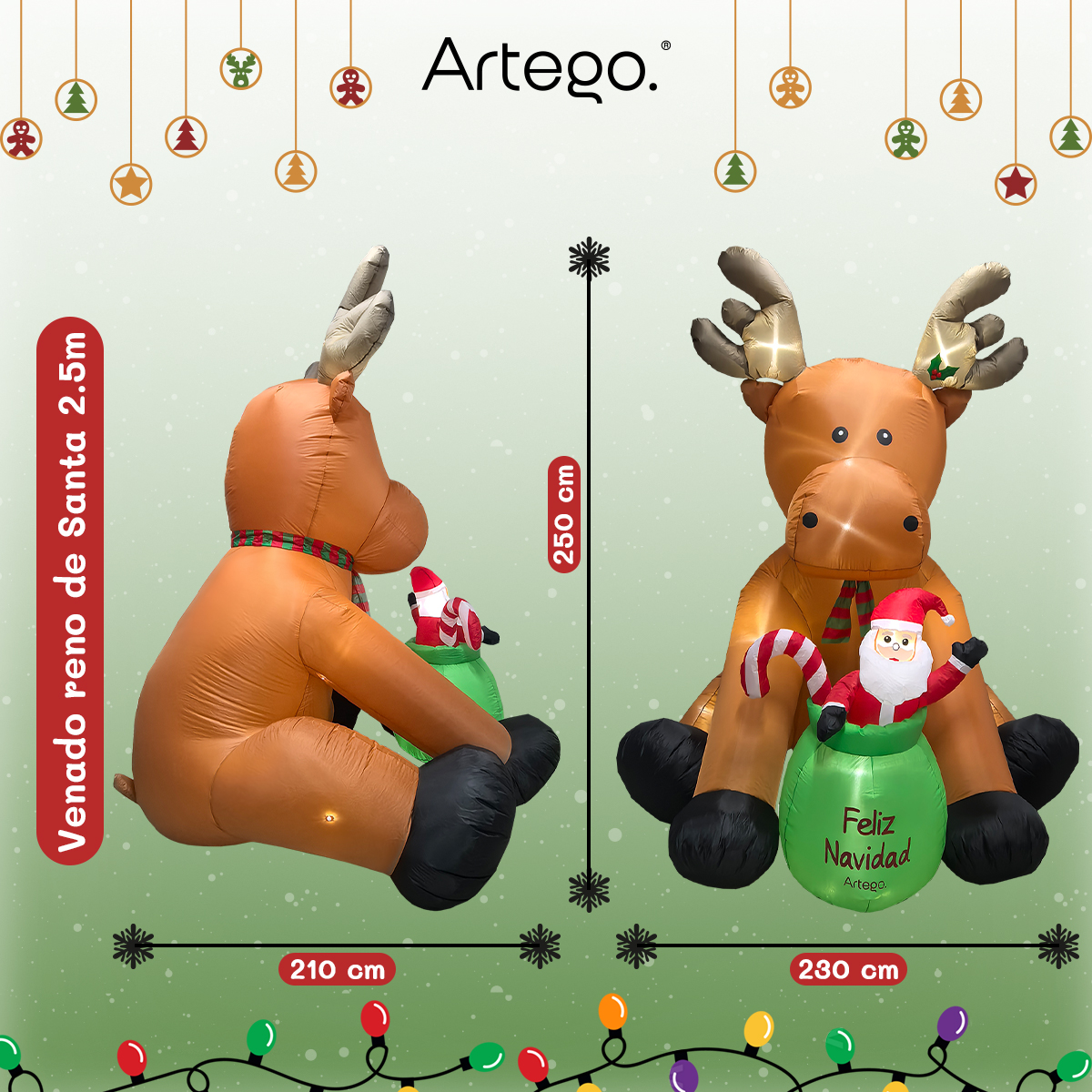 Inflable de Navidad venado reno de santa gigante de 2.5m de alto Artego