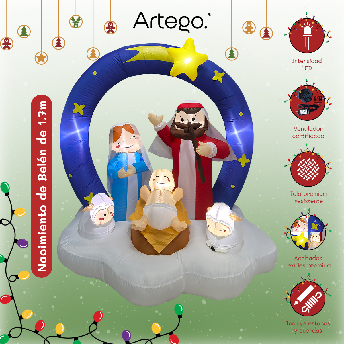Inflable de Navidad nacimiento pesebre Belén Navideño con 5 personajes – 1.7m