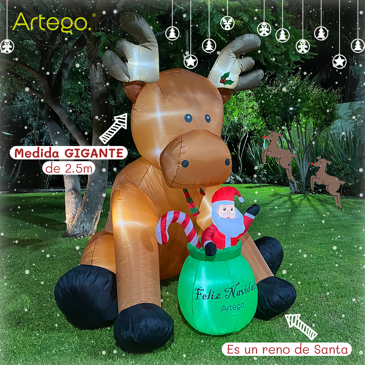 Inflable de Navidad venado reno de santa gigante de 2.5m de alto Artego
