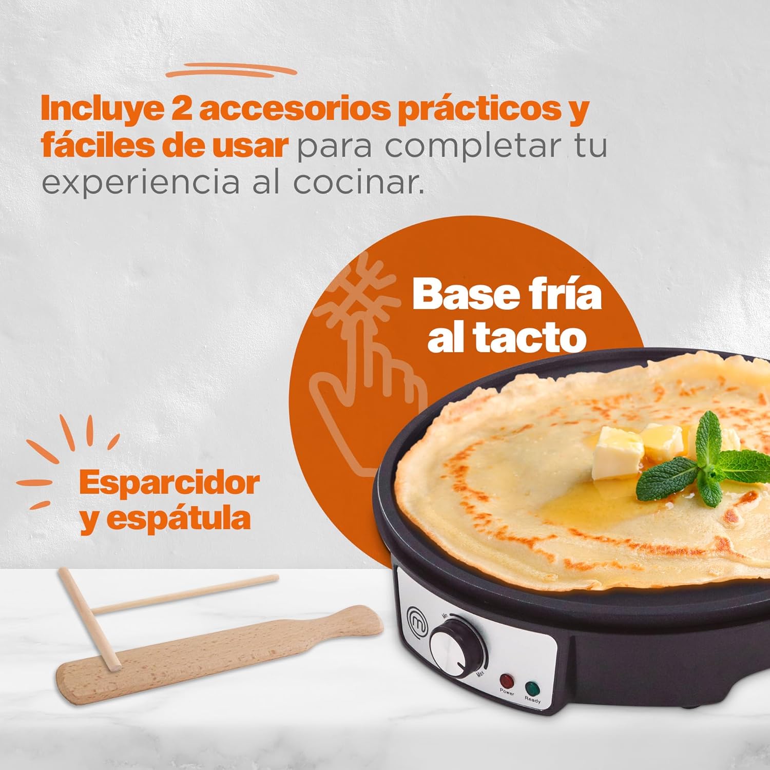 MasterChef by Hukën Crepera Eléctrica con Plancha Antiadherente de 30 cm y Control de Temperatura Ajustable - 1000W, Color Negro