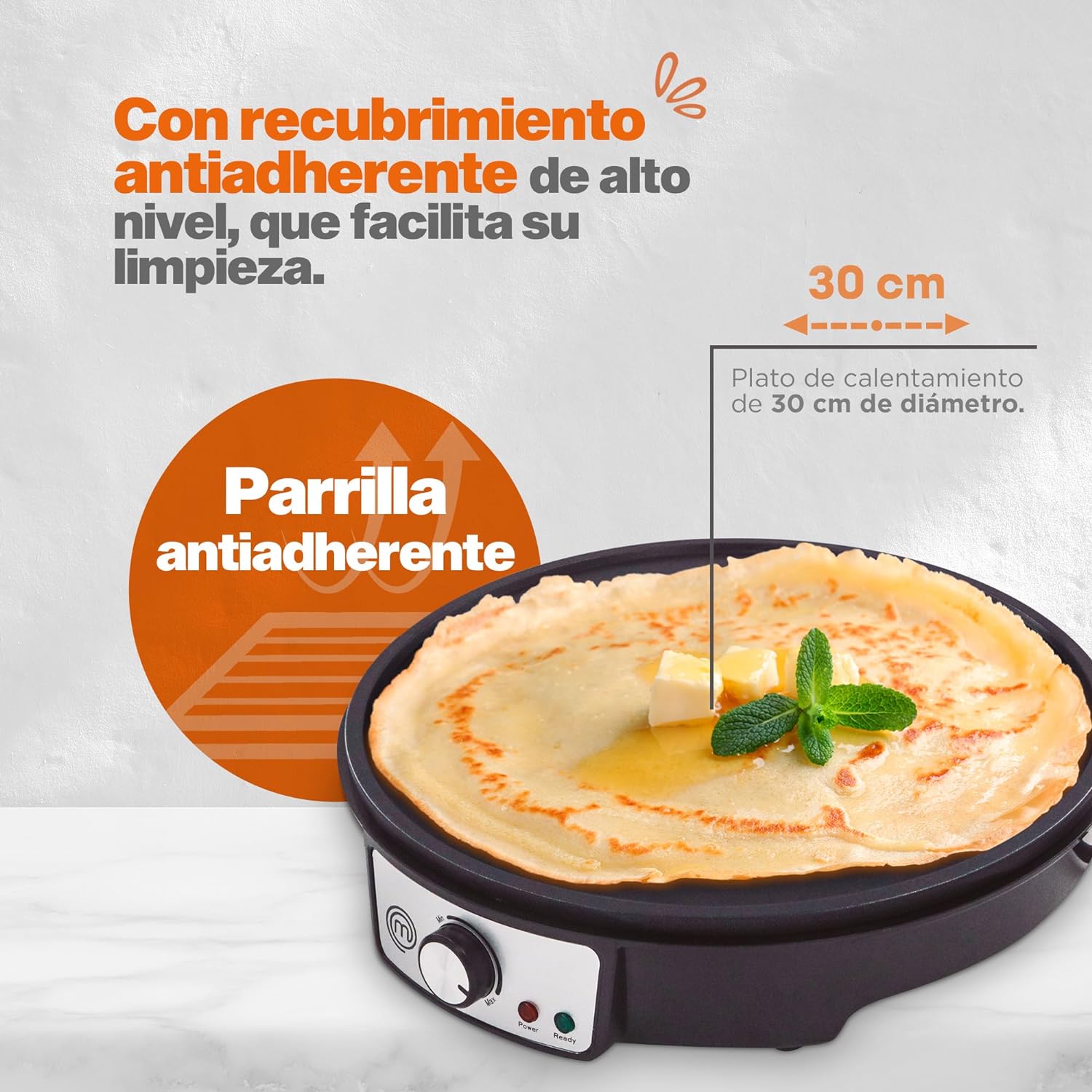 MasterChef by Hukën Crepera Eléctrica con Plancha Antiadherente de 30 cm y Control de Temperatura Ajustable - 1000W, Color Negro