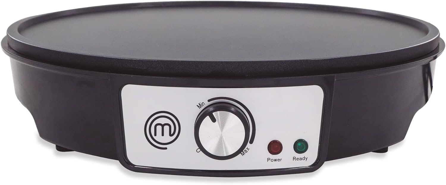 MasterChef by Hukën Crepera Eléctrica con Plancha Antiadherente de 30 cm y Control de Temperatura Ajustable - 1000W, Color Negro