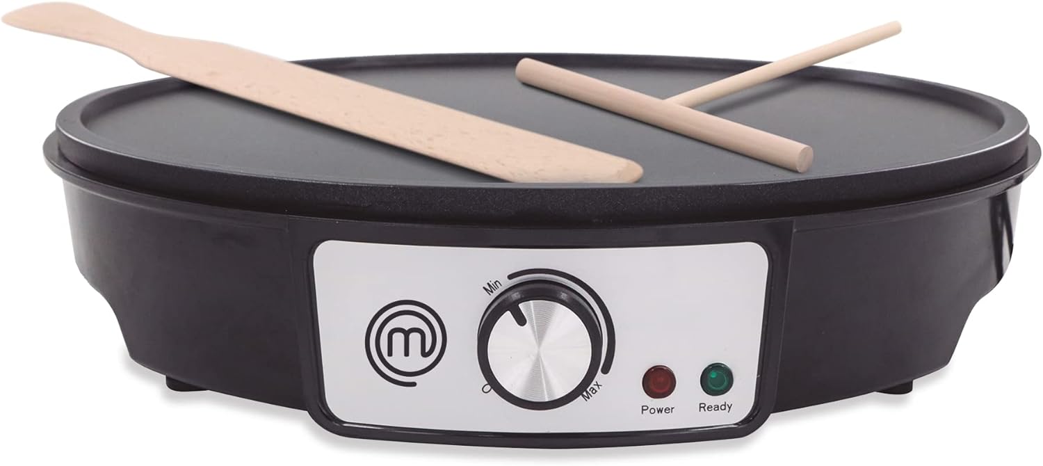 MasterChef by Hukën Crepera Eléctrica con Plancha Antiadherente de 30 cm y Control de Temperatura Ajustable - 1000W, Color Negro