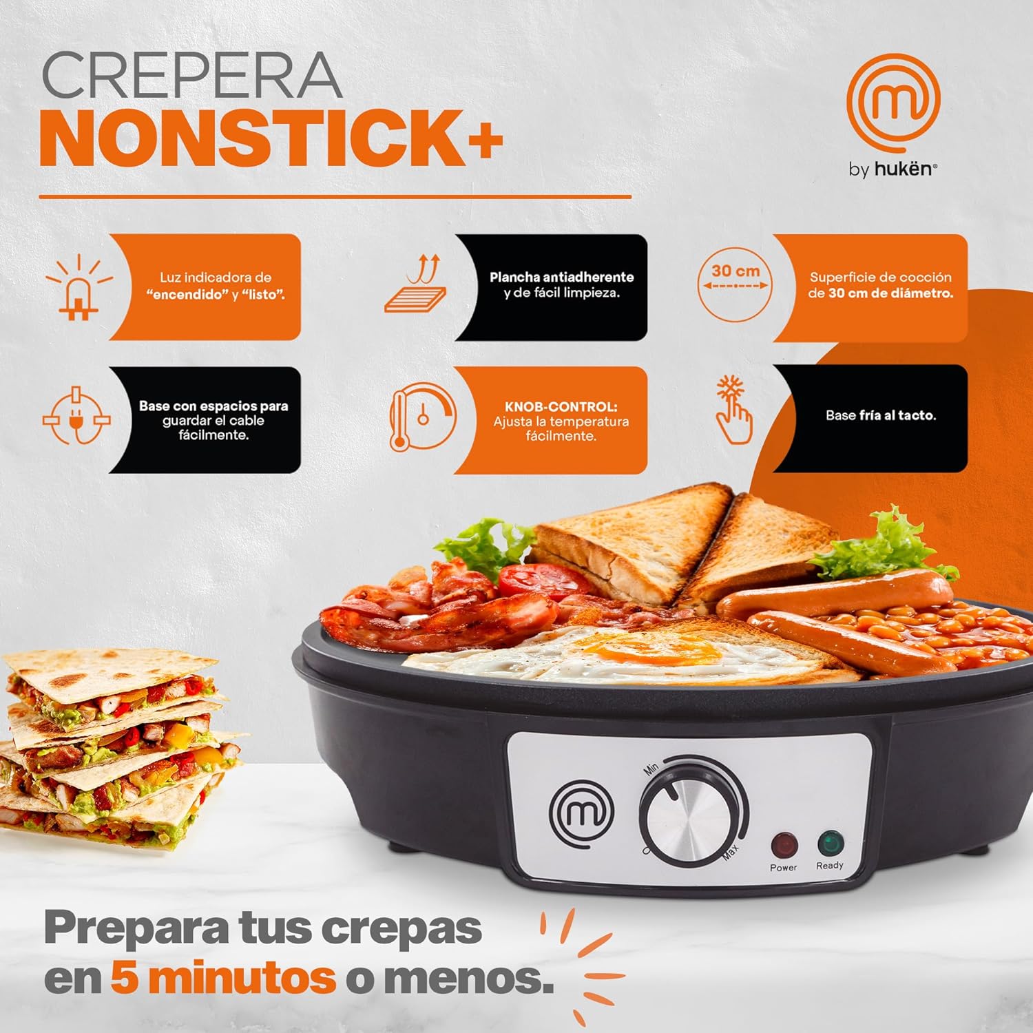 MasterChef by Hukën Crepera Eléctrica con Plancha Antiadherente de 30 cm y Control de Temperatura Ajustable - 1000W, Color Negro