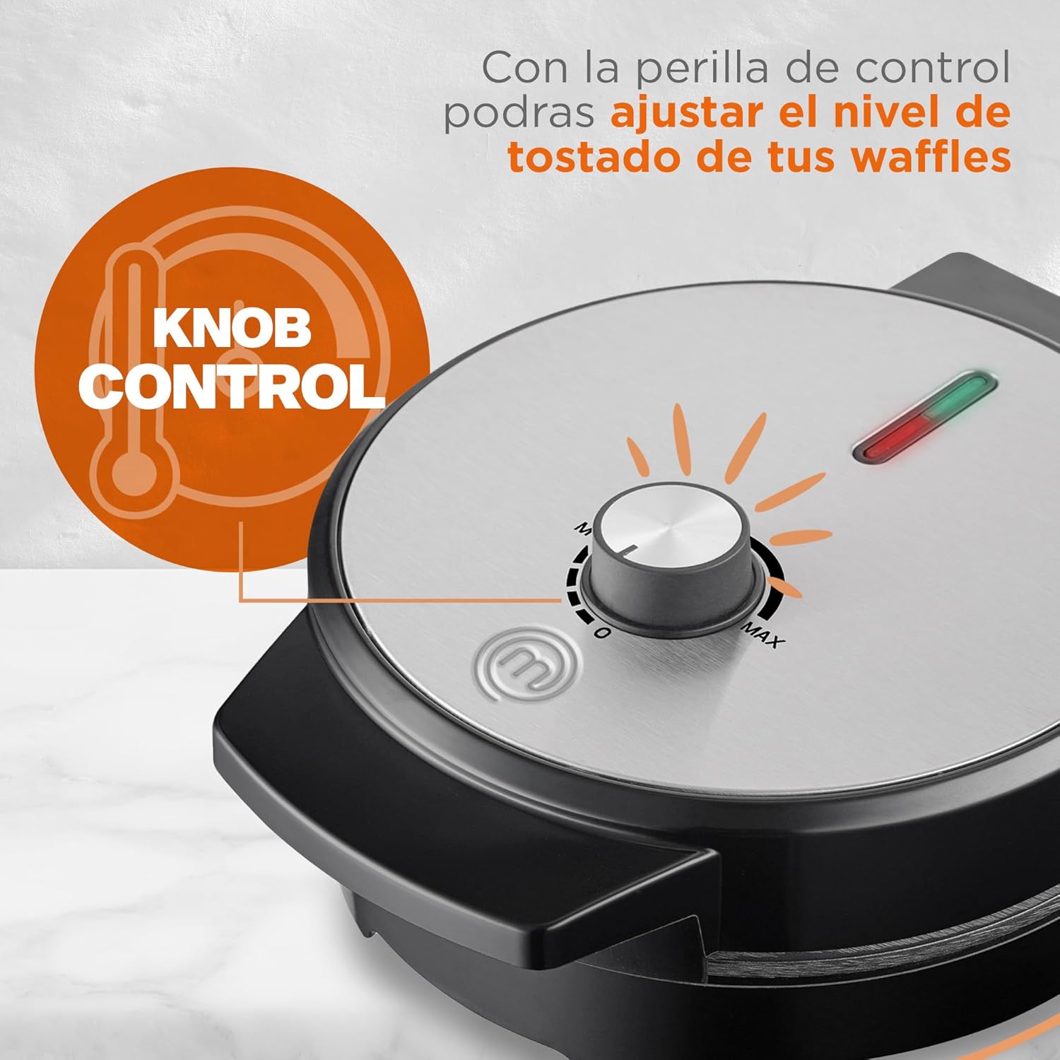 MasterChef by Hüken Waflera Belga Redonda de 4 Rebanadas con Acabados en Acero Inoxidable, 5 Niveles de Temperatura - 1000W, Modelo MK-WM-1CK