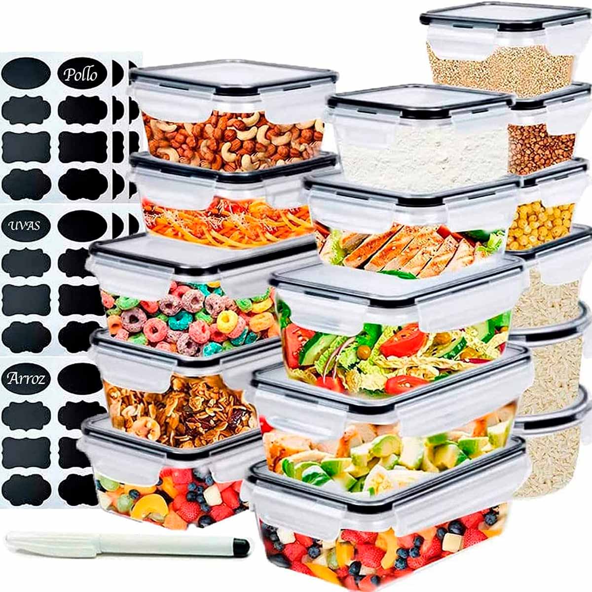 40 contenedores de plástico Brandtrendy para almacenar alimentos con tapa hermética de liga negra