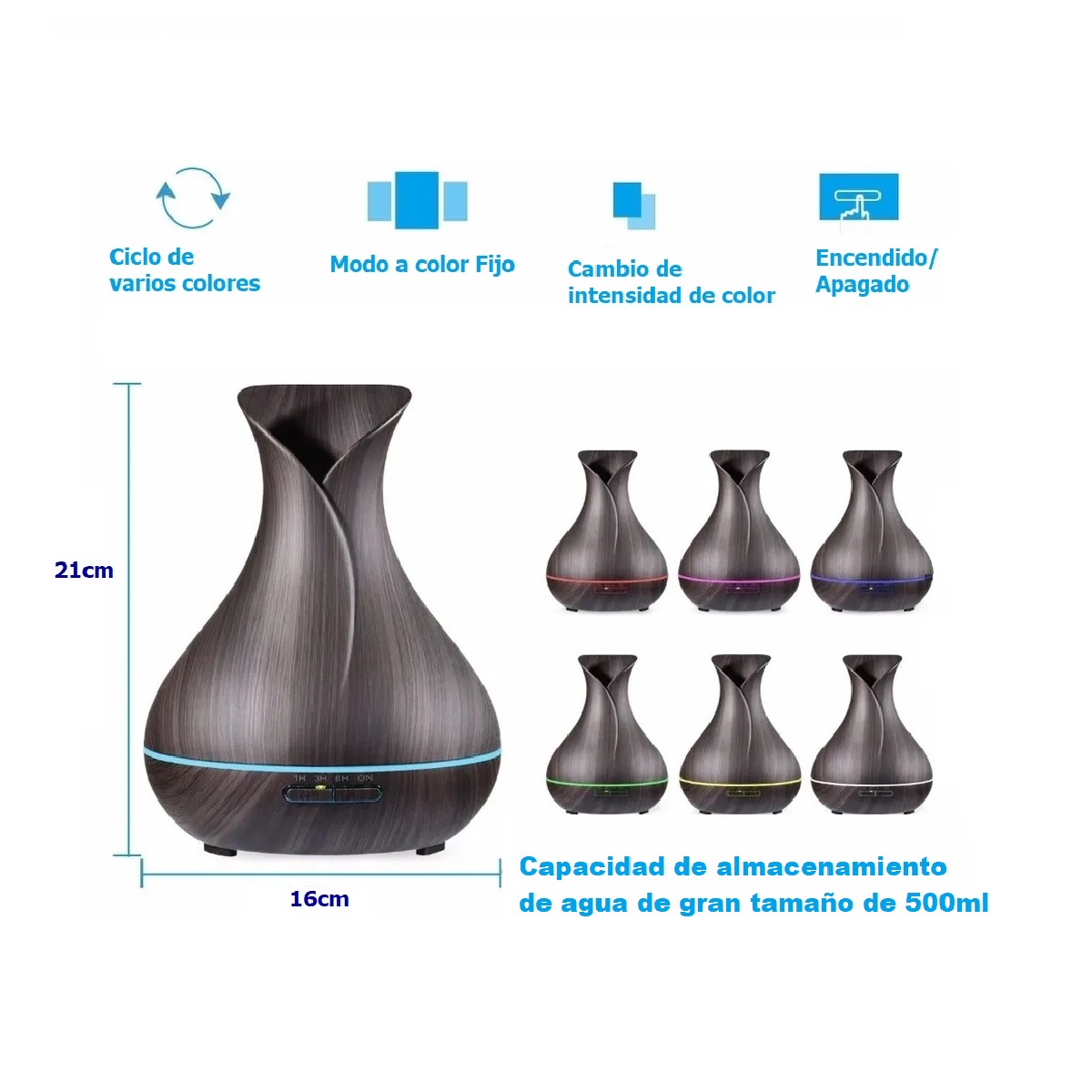 Humidificador Difusor 500ml Flor Madera Oscuro (Chocolate) y 12 Esencias Aromaticas.