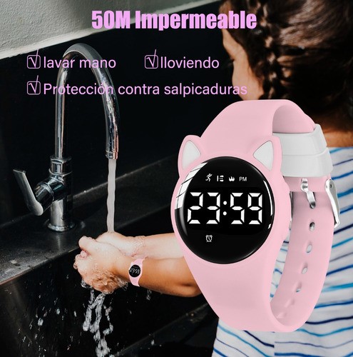 Reloj Digital para Niños Con Contador De Pasos Y Calorías Diseño Gato Rosa claro
