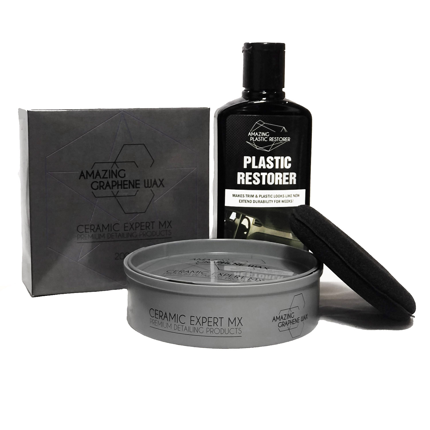 Cera Recubrimiento Cerámico para auto y moto Amazing Graphene Wax + Restaurador de plásticos