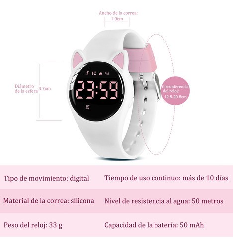 Reloj Digital para Niños Con Contador De Pasos Y Calorías Diseño Gato Blanco