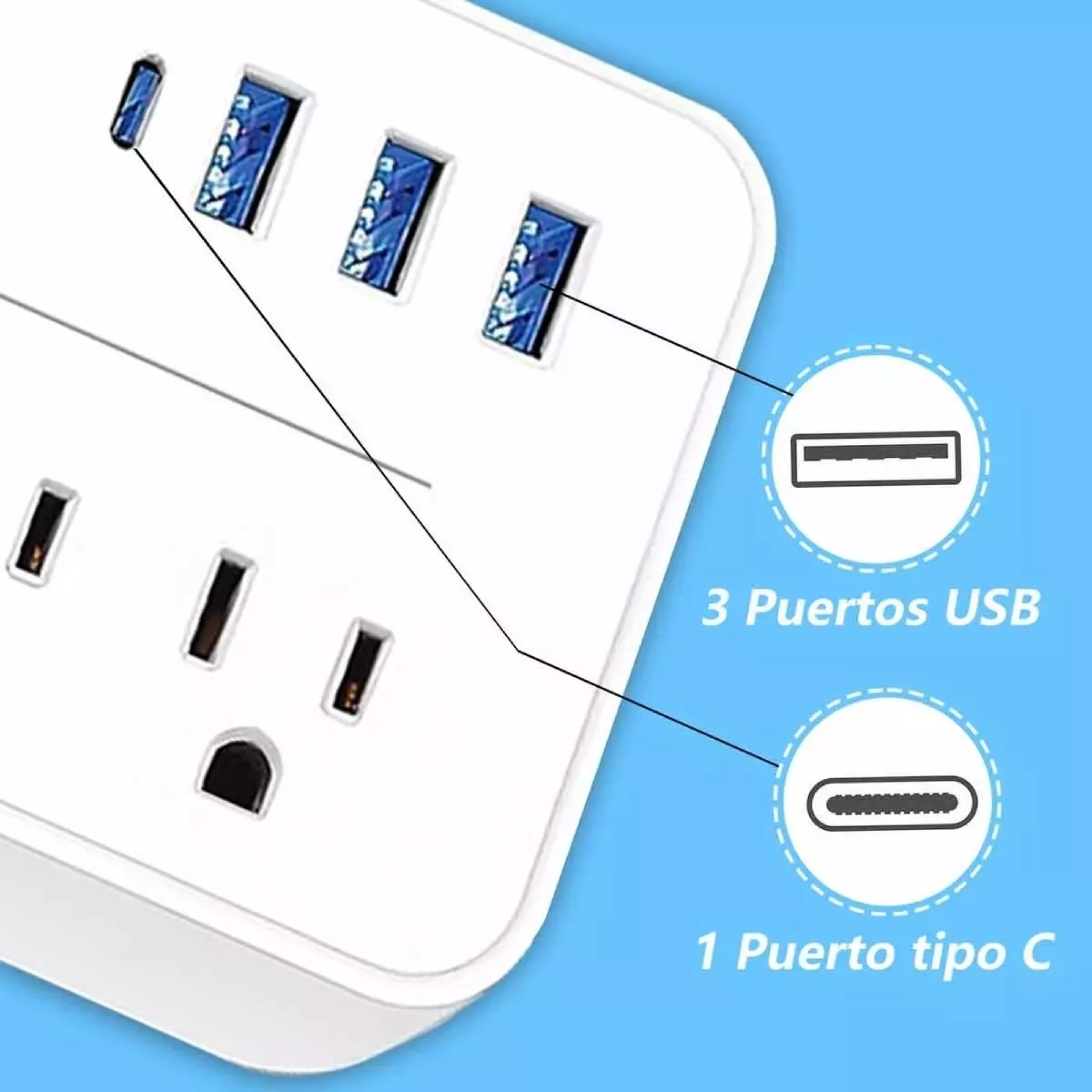 Regleta Cargador Multicontactos Con 8 Salidas 3 Usb 1 Tipo C