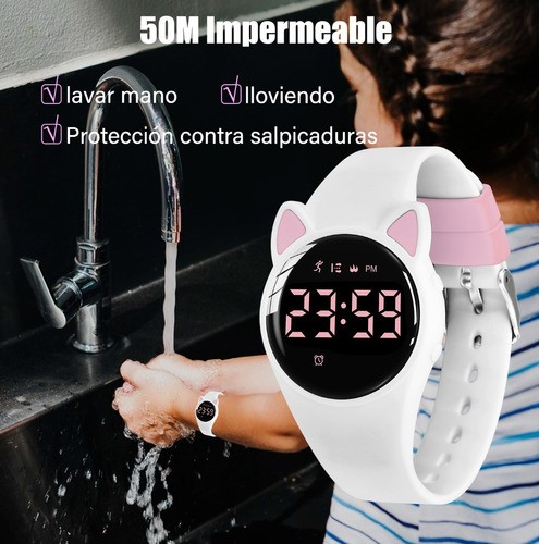 Reloj Digital para Niños Con Contador De Pasos Y Calorías Diseño Gato Blanco