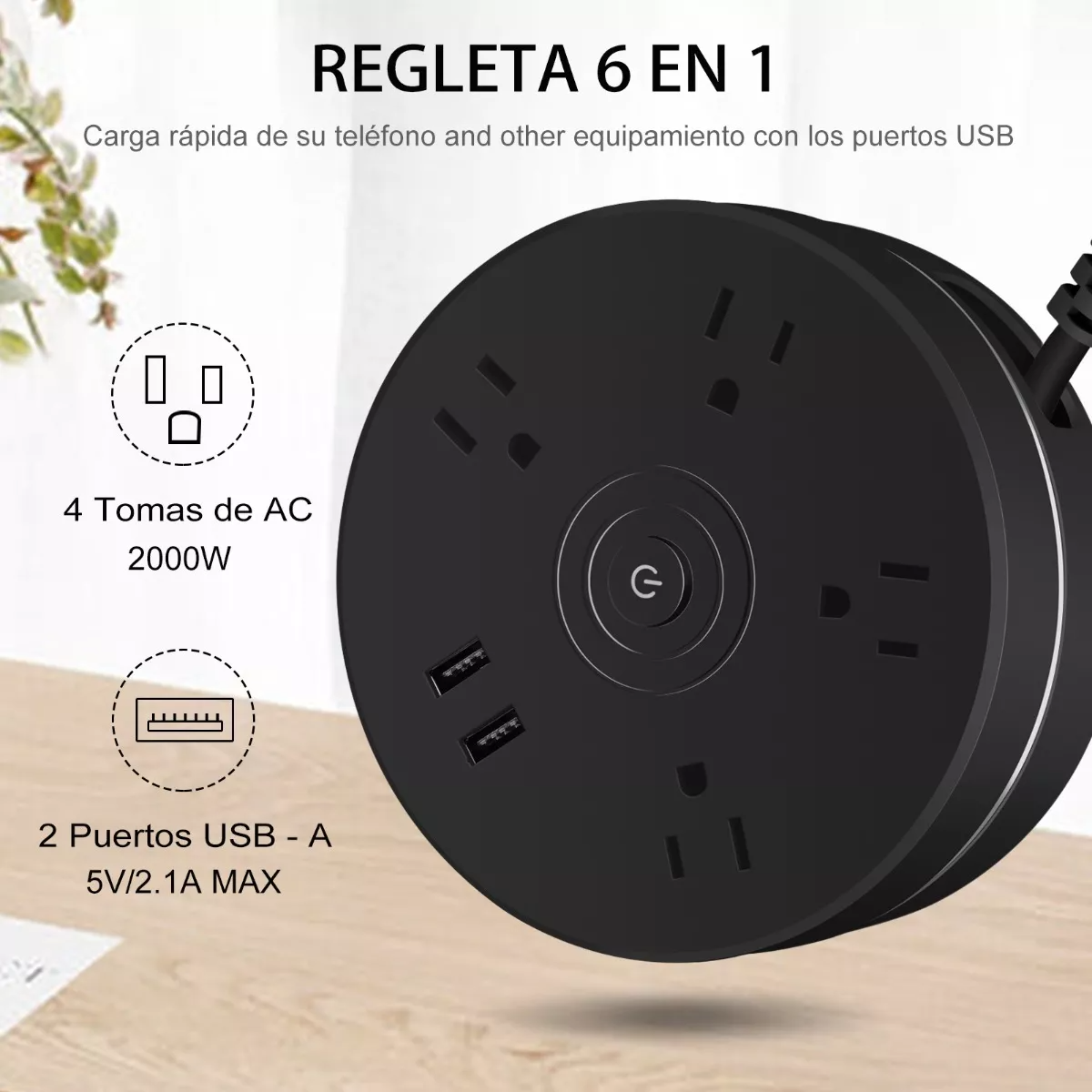 Regleta Cargador Multicontactos Con 4 Salidas Y 2 Usb