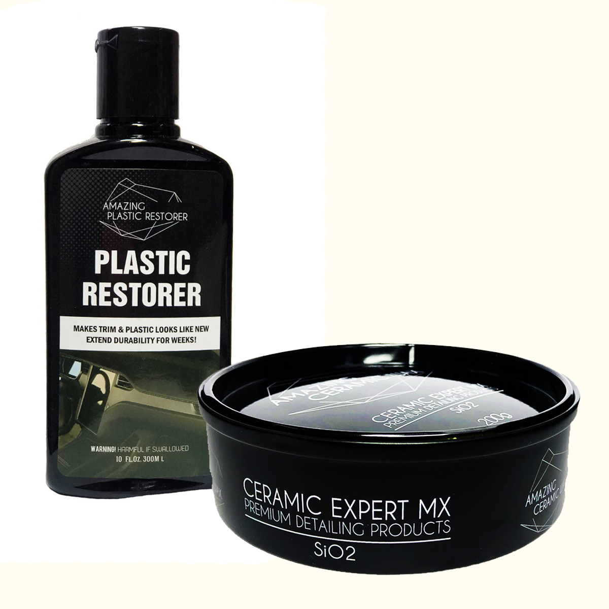 Cera para auto Amazing Ceramic Wax Recubrimiento Cerámico, acabado recién pulido + Restaurador de plásticos
