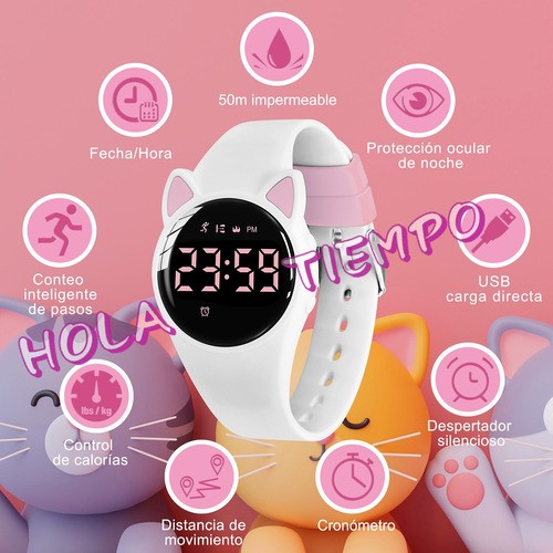 Reloj Digital para Niños Con Contador De Pasos Y Calorías Diseño Gato Blanco