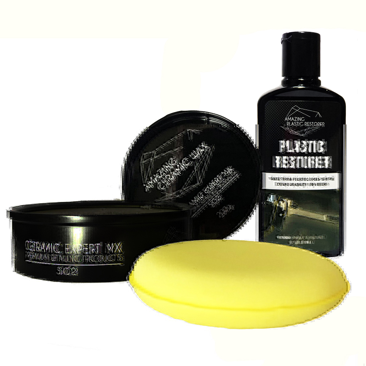 Cera para auto Amazing Ceramic Wax Recubrimiento Cerámico, acabado recién pulido + Restaurador de plásticos
