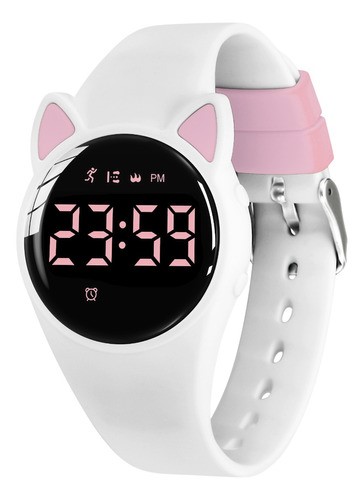 Reloj Digital para Niños Con Contador De Pasos Y Calorías Diseño Gato Blanco