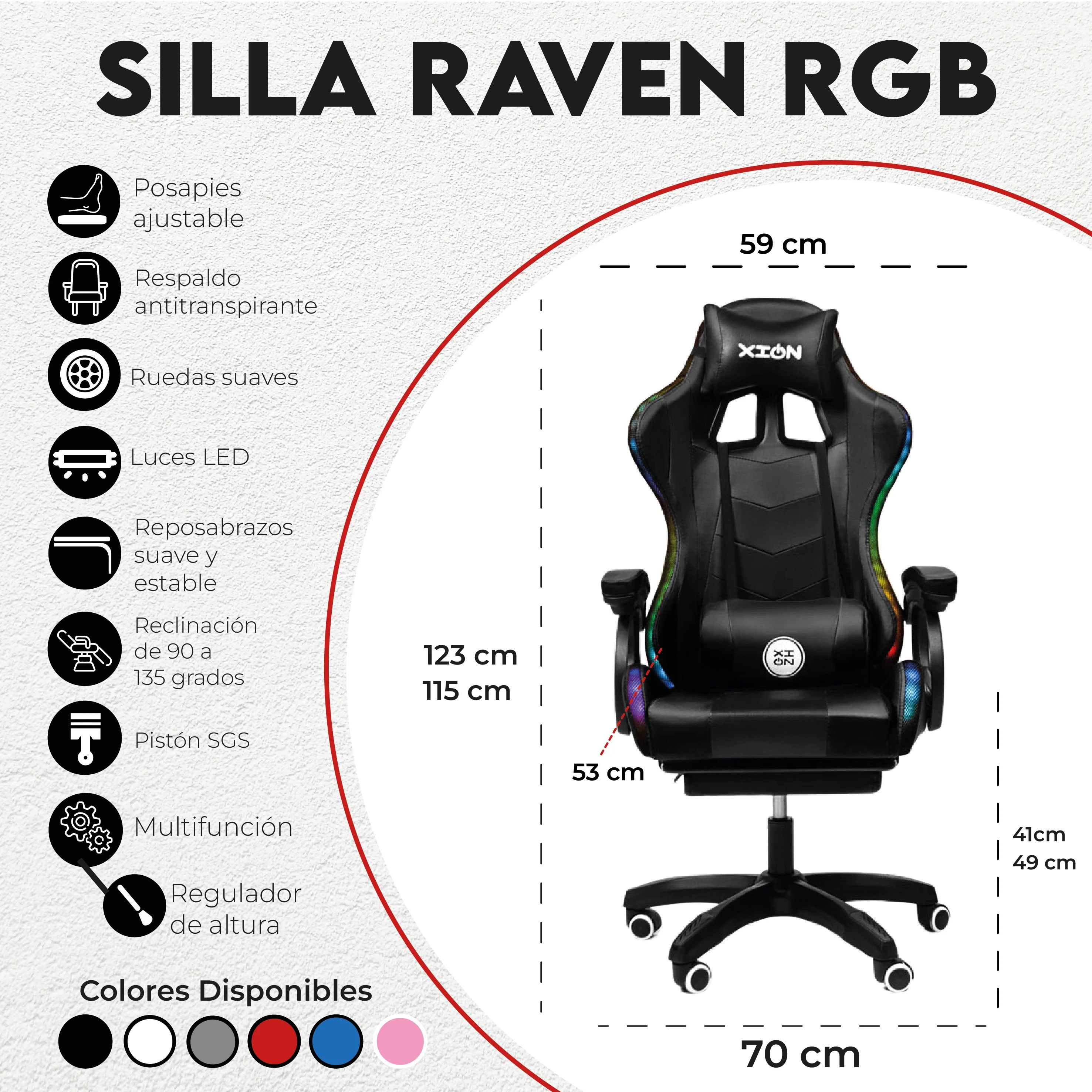 Silla Gamer con LUCES Ergonómica RAVEN RGB 135° con Masajeador Lumbar y Posapies Rosa