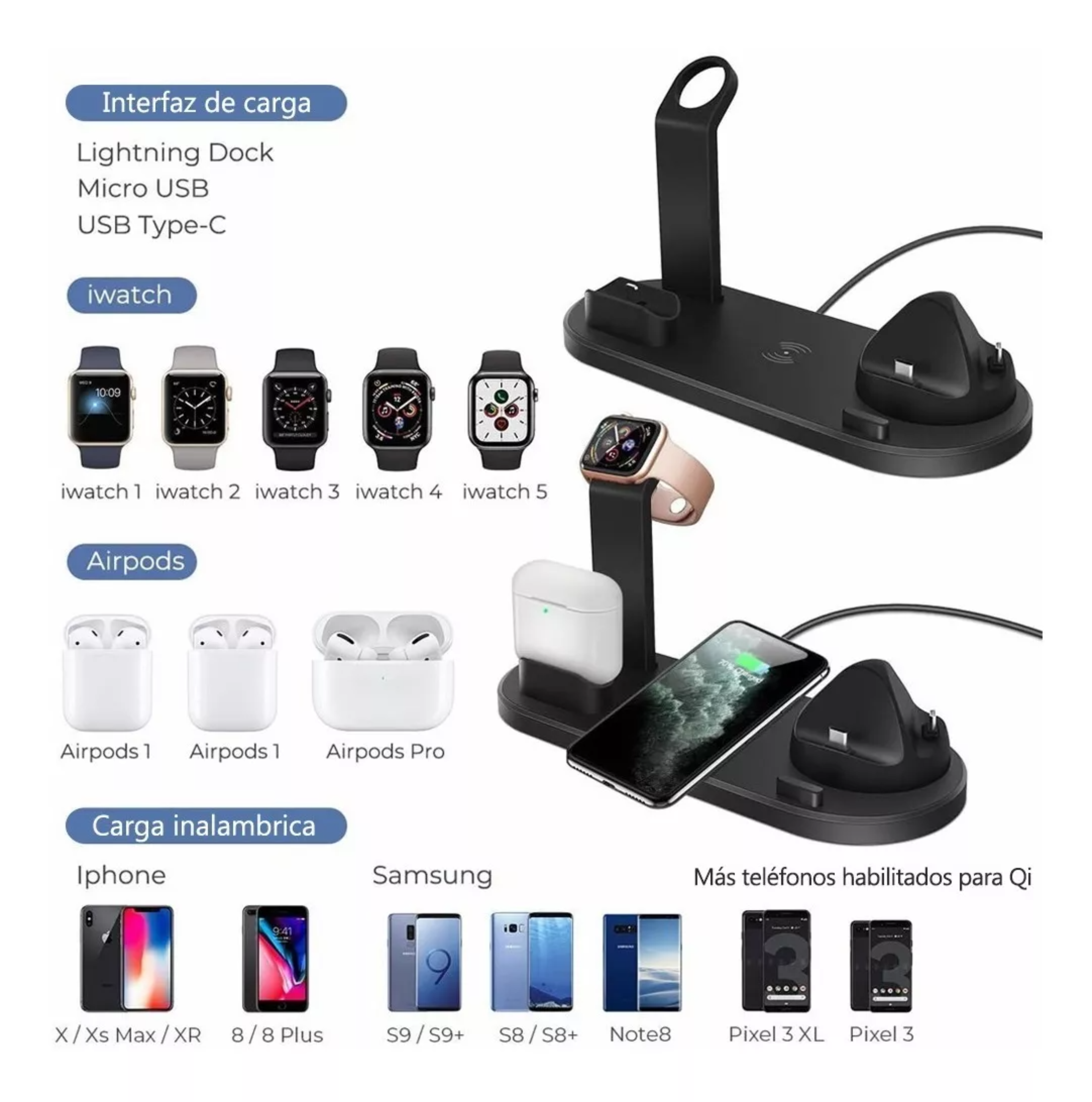 Cargador Inalámbrico 6 En 1 Para AirPods, iPhone, Iwatch