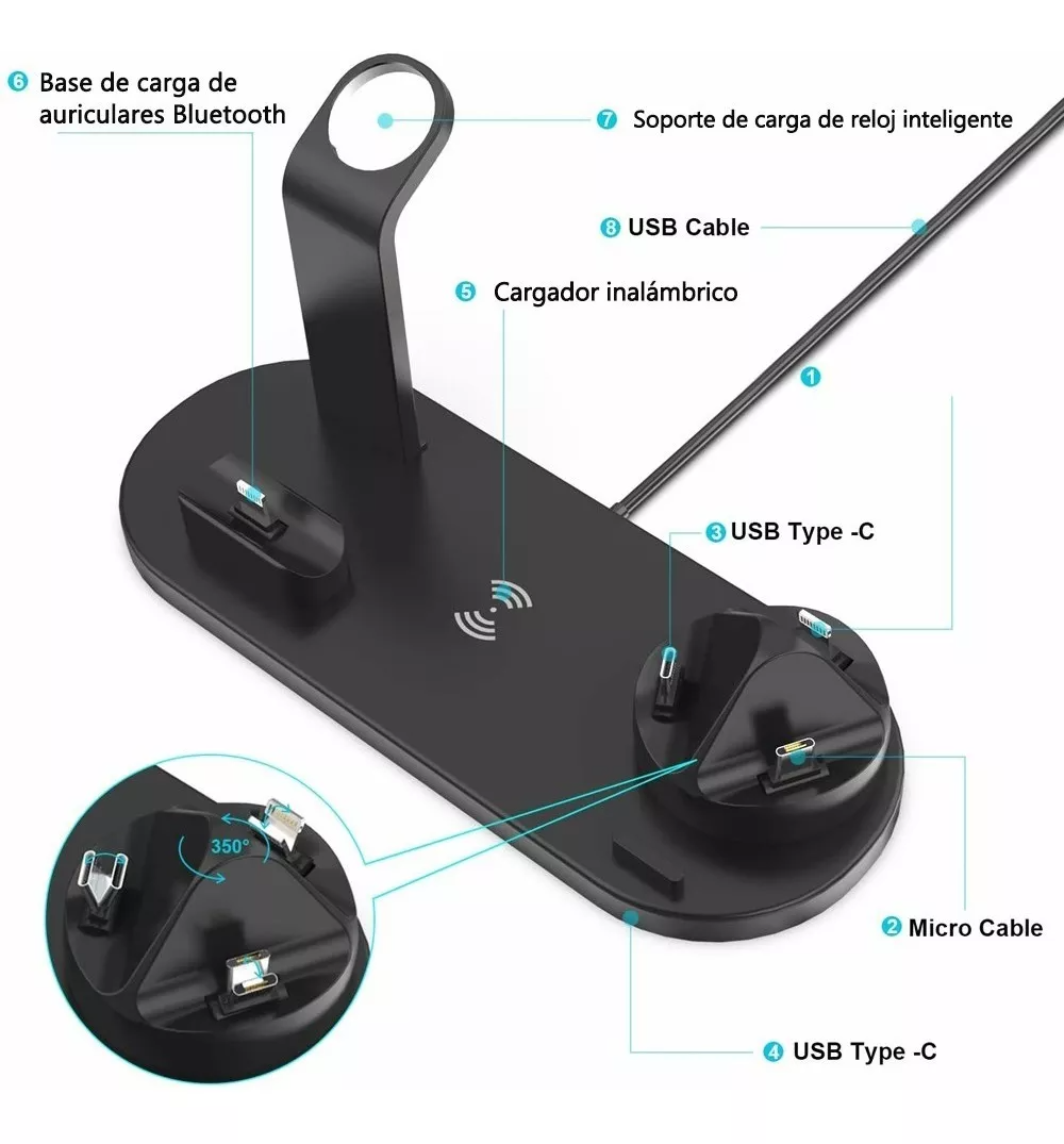 Cargador Inalámbrico 6 En 1 Para AirPods, iPhone, Iwatch