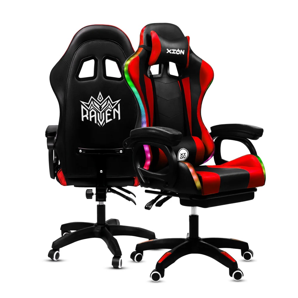 Silla Gamer con LUCES Ergonómica RGB 135° con Masajeador Lumbar y Posapies Roja