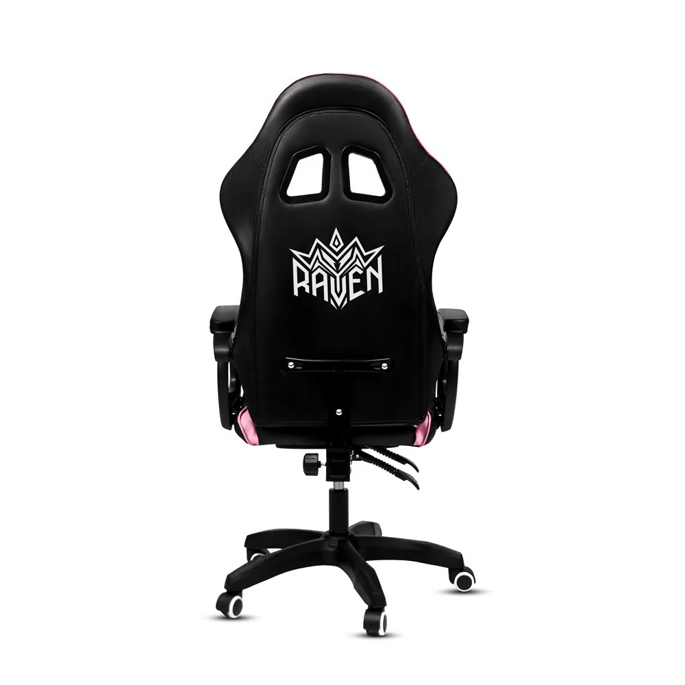 Silla Gamer con LUCES Ergonómica RAVEN RGB 135° con Masajeador Lumbar y Posapies Rosa
