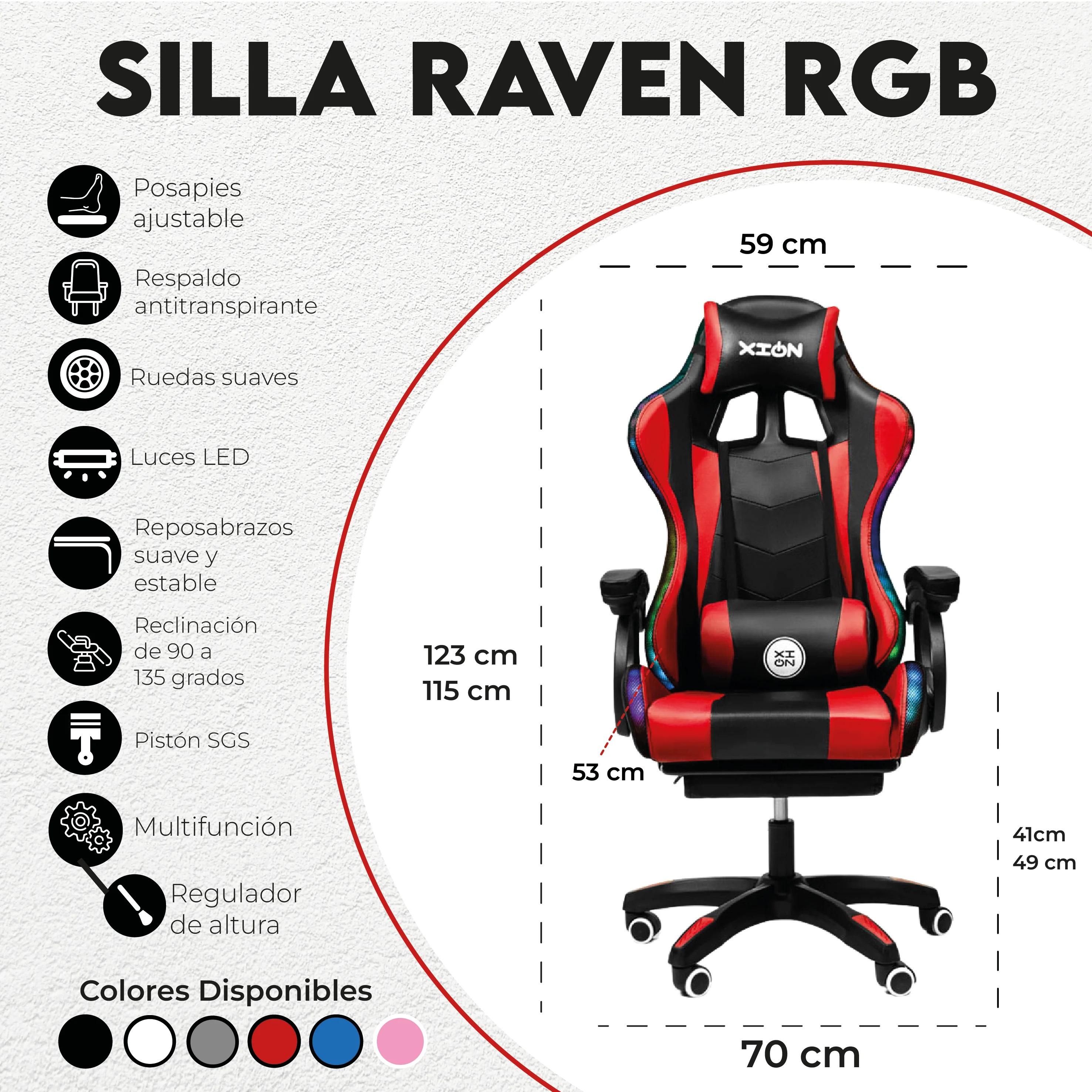 Silla Gamer con LUCES Ergonómica RGB 135° con Masajeador Lumbar y Posapies Roja