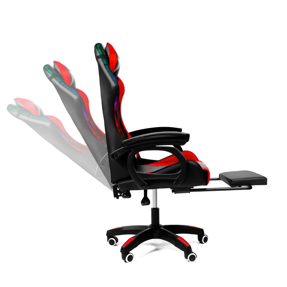 Silla Gamer con LUCES Ergonómica RGB 135° con Masajeador Lumbar y Posapies Roja