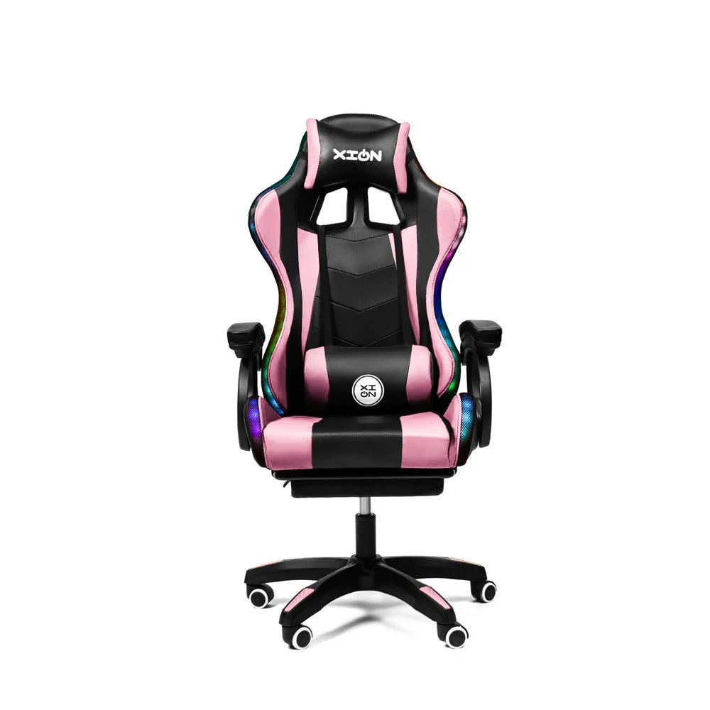 Silla Gamer con LUCES Ergonómica RAVEN RGB 135° con Masajeador Lumbar y Posapies Rosa