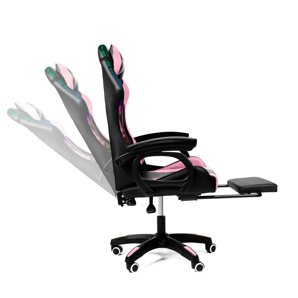 Silla Gamer con LUCES Ergonómica RAVEN RGB 135° con Masajeador Lumbar y Posapies Rosa