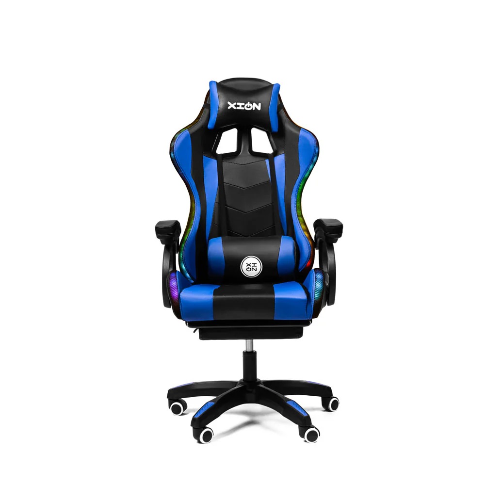 Silla Gamer con LUCES Ergonómica RAVEN RGB XION 135° con Masajeador Lumbar & Posapies Azul