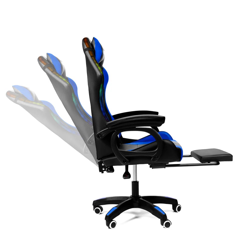 Silla Gamer con LUCES Ergonómica RAVEN RGB XION 135° con Masajeador Lumbar & Posapies Azul
