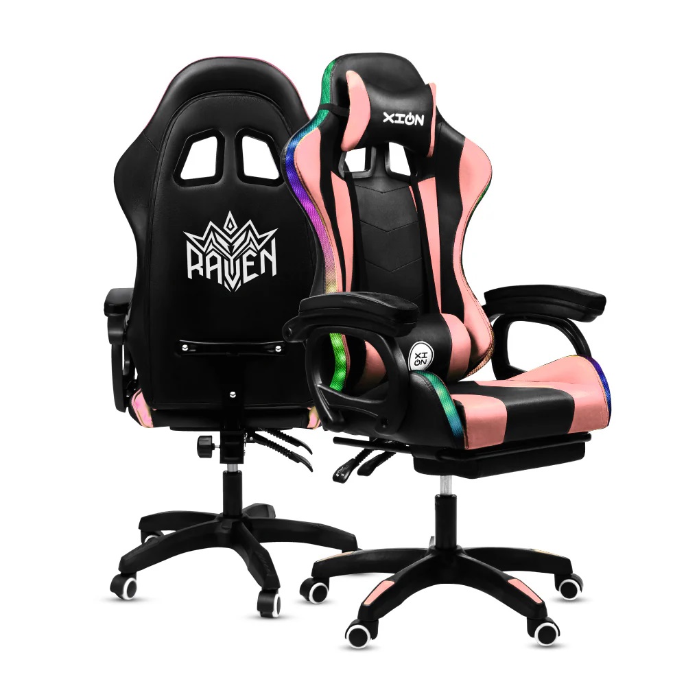 Silla Gamer con LUCES Ergonómica RAVEN RGB 135° con Masajeador Lumbar y Posapies Rosa